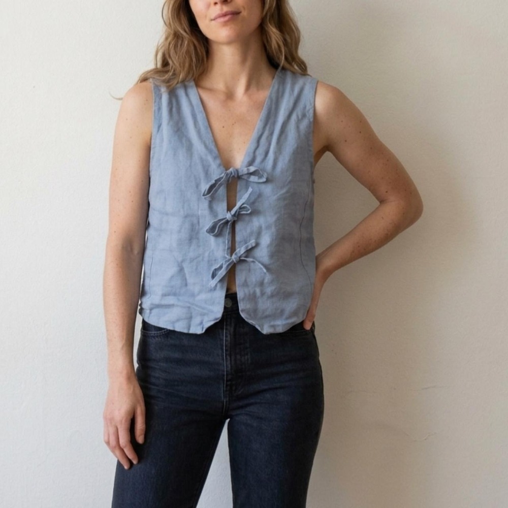 Periwinkle Linen-Feel Tie-Front Vest Top Bow Detail Riviera Style Crop – S/M